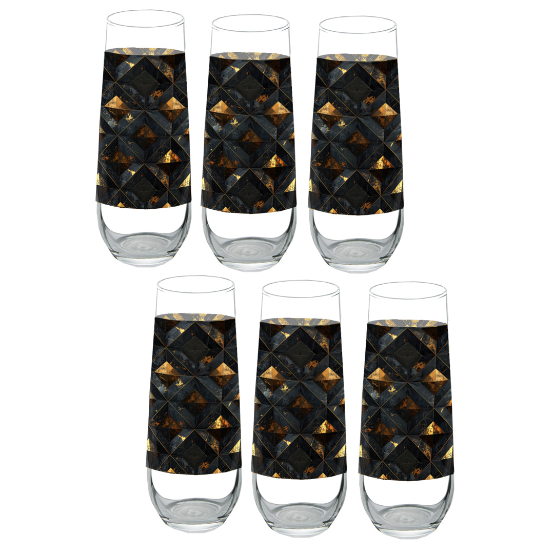 Set of six stemless champagne glasses with black and gold geometric pattern on a white background