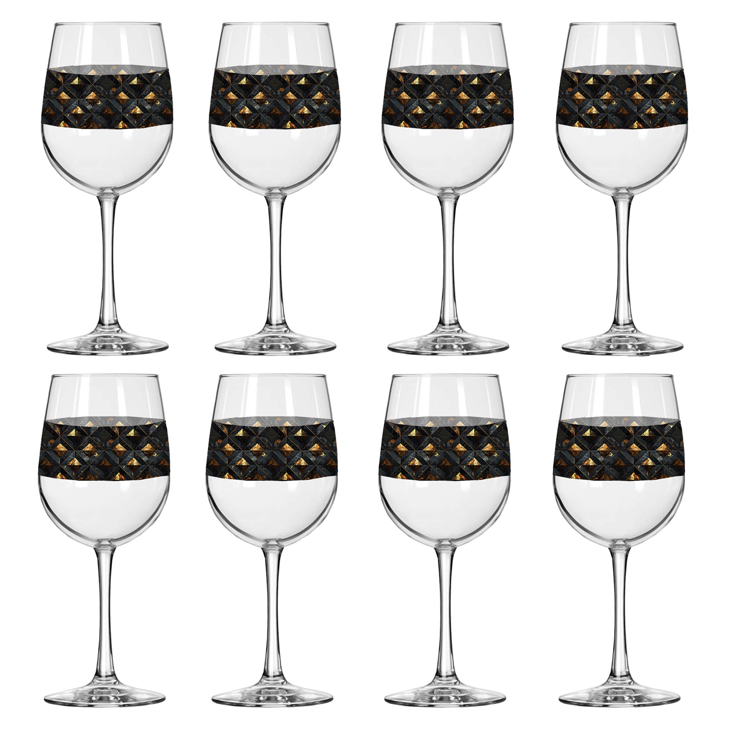 Set of eight wine glasses with black and gold diamond design on a white background