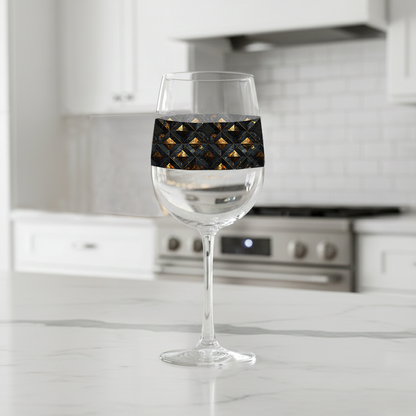 Gilded Decay tall wine glass with charcoal and gold geometric design on a kitchen counter