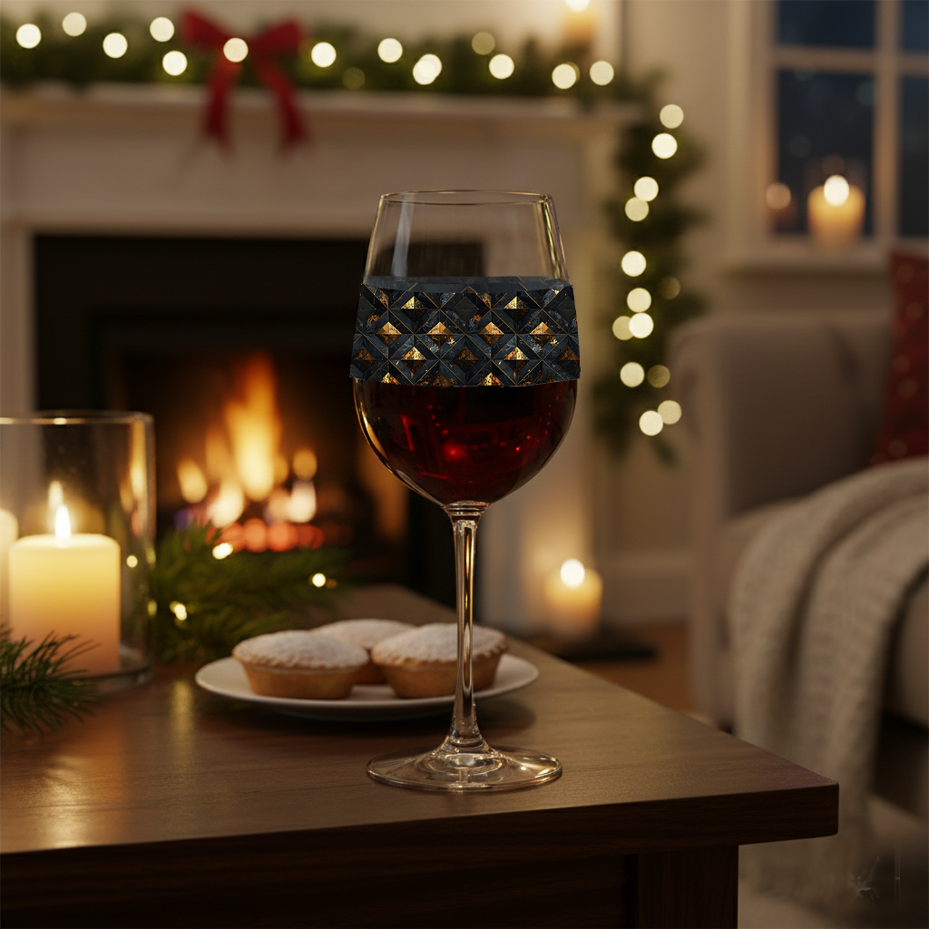 Gilded Decay tall wine glass with charcoal and gold geometric design on a table in a cozy living room with Christmas decorations.