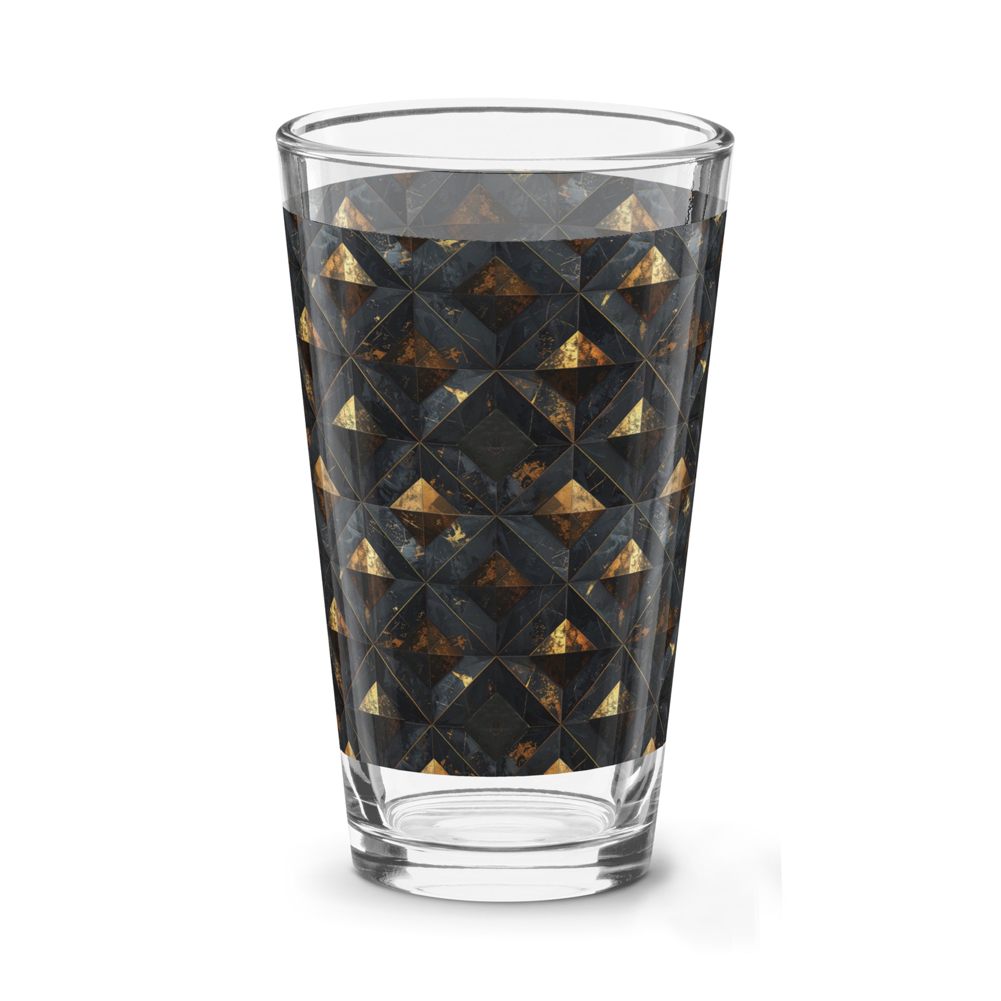 Pint beer glass with black and gold geometric pattern on a white background