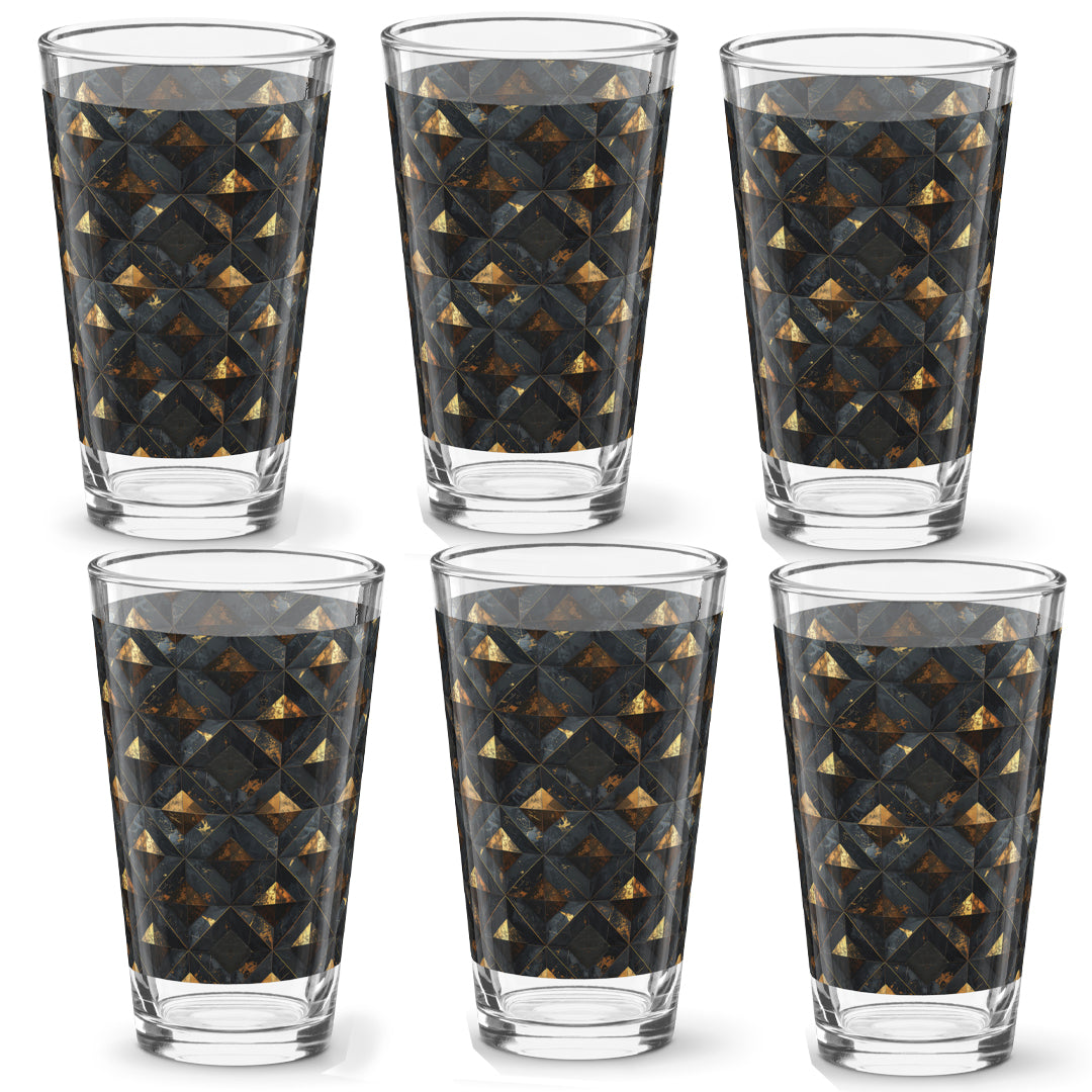 Set of six pint beer glasses with black and gold geometric pattern on a white background