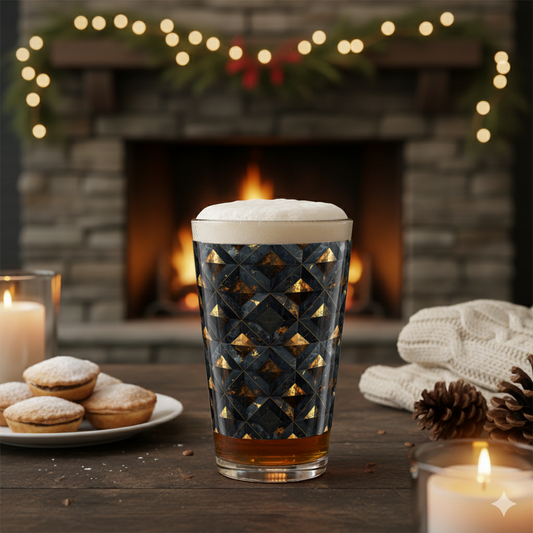 Gilded Decay pint glass of beer with foam and a gold and charcoal gemometric design, and with mince pies, and candles on a table in front of a fireplace.