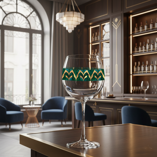 Emerald Royale balloon wine glass in a green and gold art deco design on a table in a stylish room with shelves and chairs.