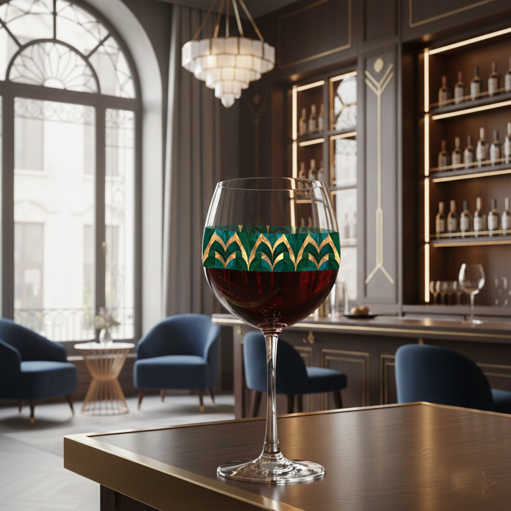 Emerald Royale balloon wine glass filled with red wine in a green and gold art deco design, on a table in a stylish bar setting