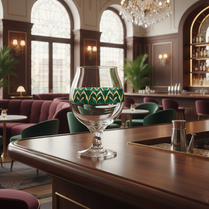 Emerald Royale Belgian beer glass with green and gold art deco design on a bar counter in a stylish setting.