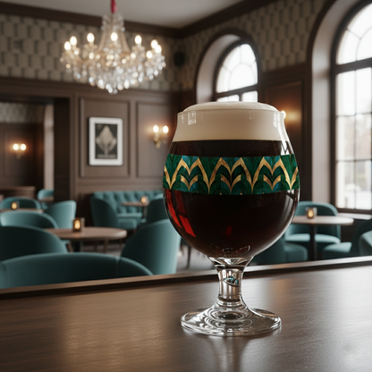 Emerald Royale Belgian beer glass with green and gold art deco design and filled with dark beer on a bar in a cozy setting