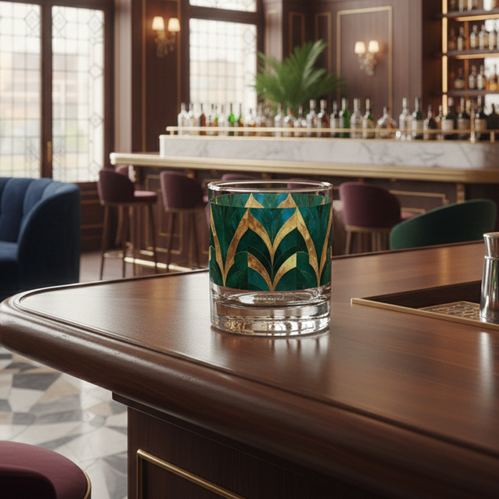 Emerald Royale rocks glass with green and gold art deco design on a bar counter in a stylish bar setting.