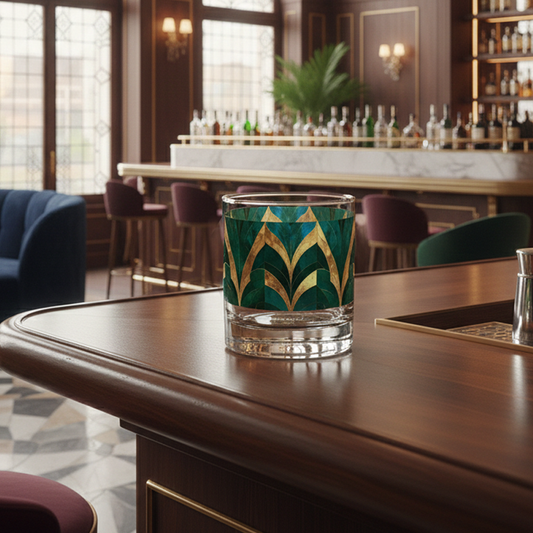 Emerald Royale rocks glass with green and gold art deco design on a bar counter in a stylish bar setting.