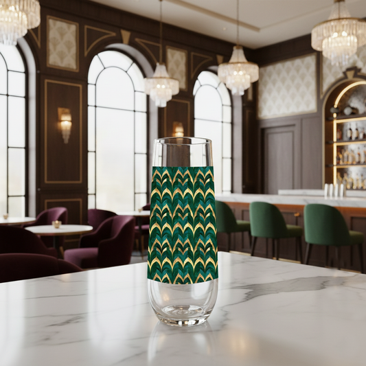 Emerald Royale stemless champagne flute in a green and gold art deco design in an elegant bar setting.