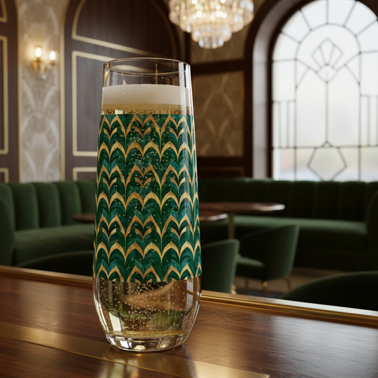 Emerald Royale stemless flute filled with champagne in a green and gold art deco design on a bar counter in a stylish bar setting.
