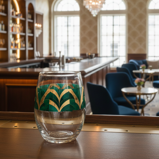 Emerald Royale stemless wine glass in a green and gold art deco design on a bar counter in a speakeasy setting