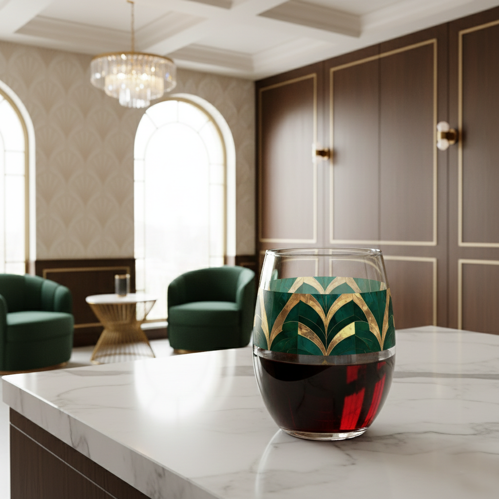 Emerald Royale stemless wine glass in a green and gold art deco design, filled with red wine and on a marble surface in an elegant room.