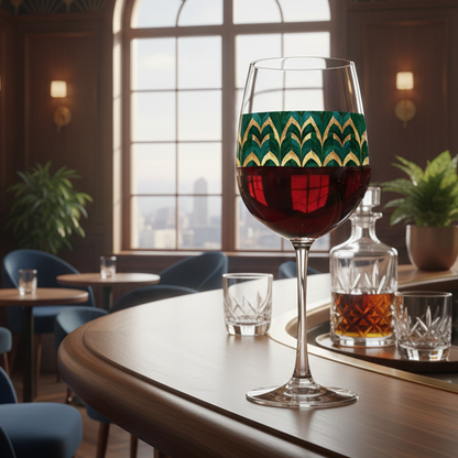 Emerald Royale tall wine glass in a green and gold pattern, filled with red wine on a table in a cozy bar setting