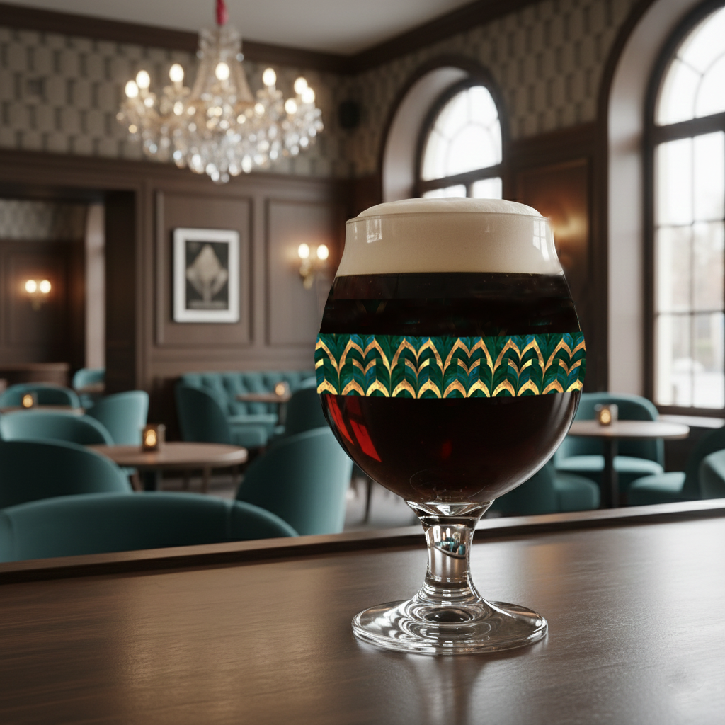 Emerald Royale Belgian beer glass with green and gold design filled with dark beer and on a bar counter in a art-deco inspired speakeasy setting.