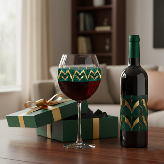 Emerald Royale balloon wine glass filled with red wine in a green and gold design, and a bottle of wine and gift box on a table in a cozy living room setting.