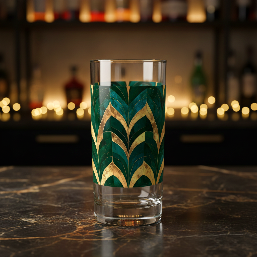 Emerald Royale highball glass with green and gold art deco design on a dark marble surface wth blurred background