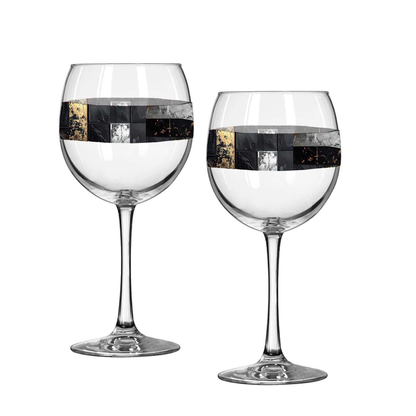 Two Fresco Fragments balloon wine glasses with black, silver, and gold design on a white background