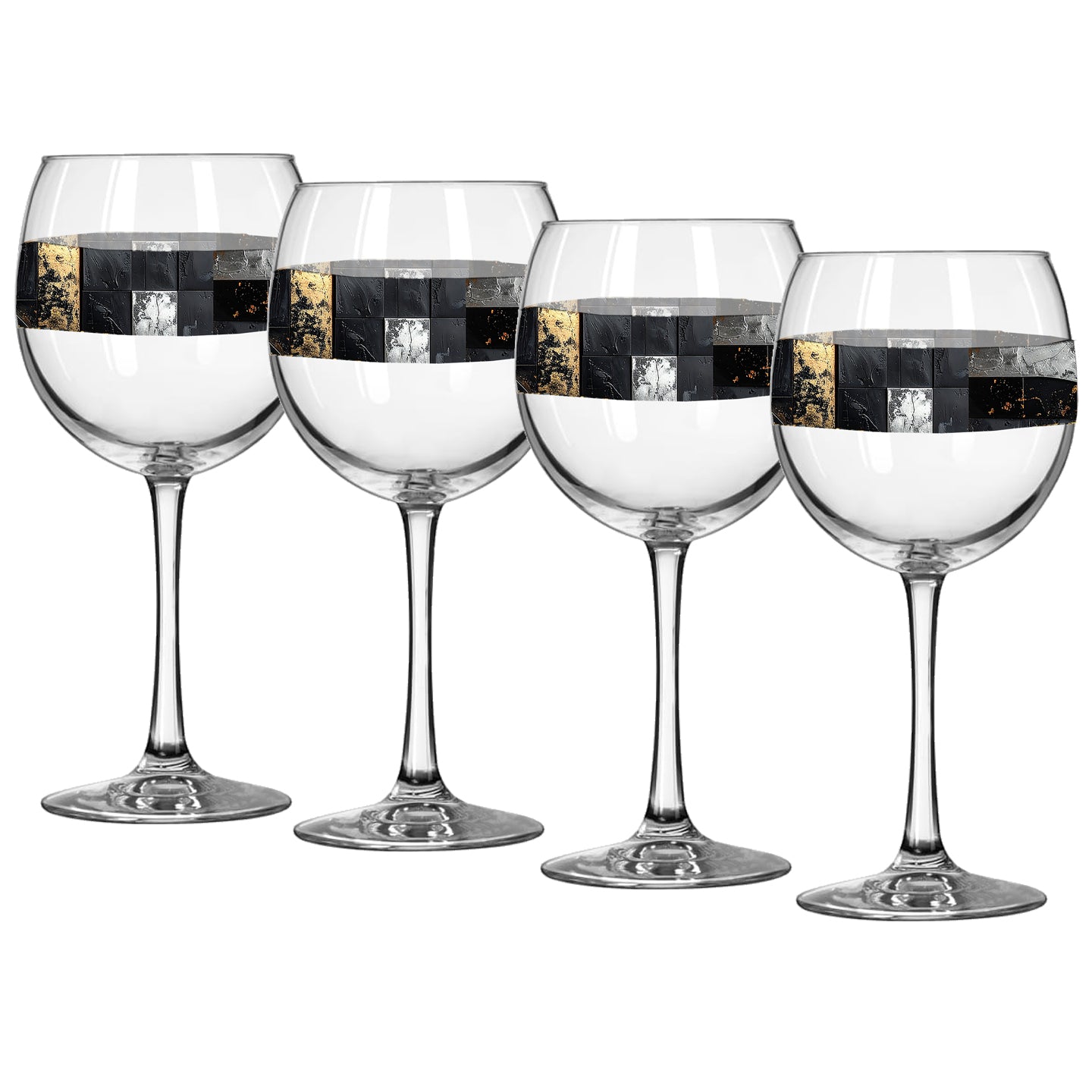 Four Fresco Fragments balloon wine glasses with black, silver, and gold design on a white background