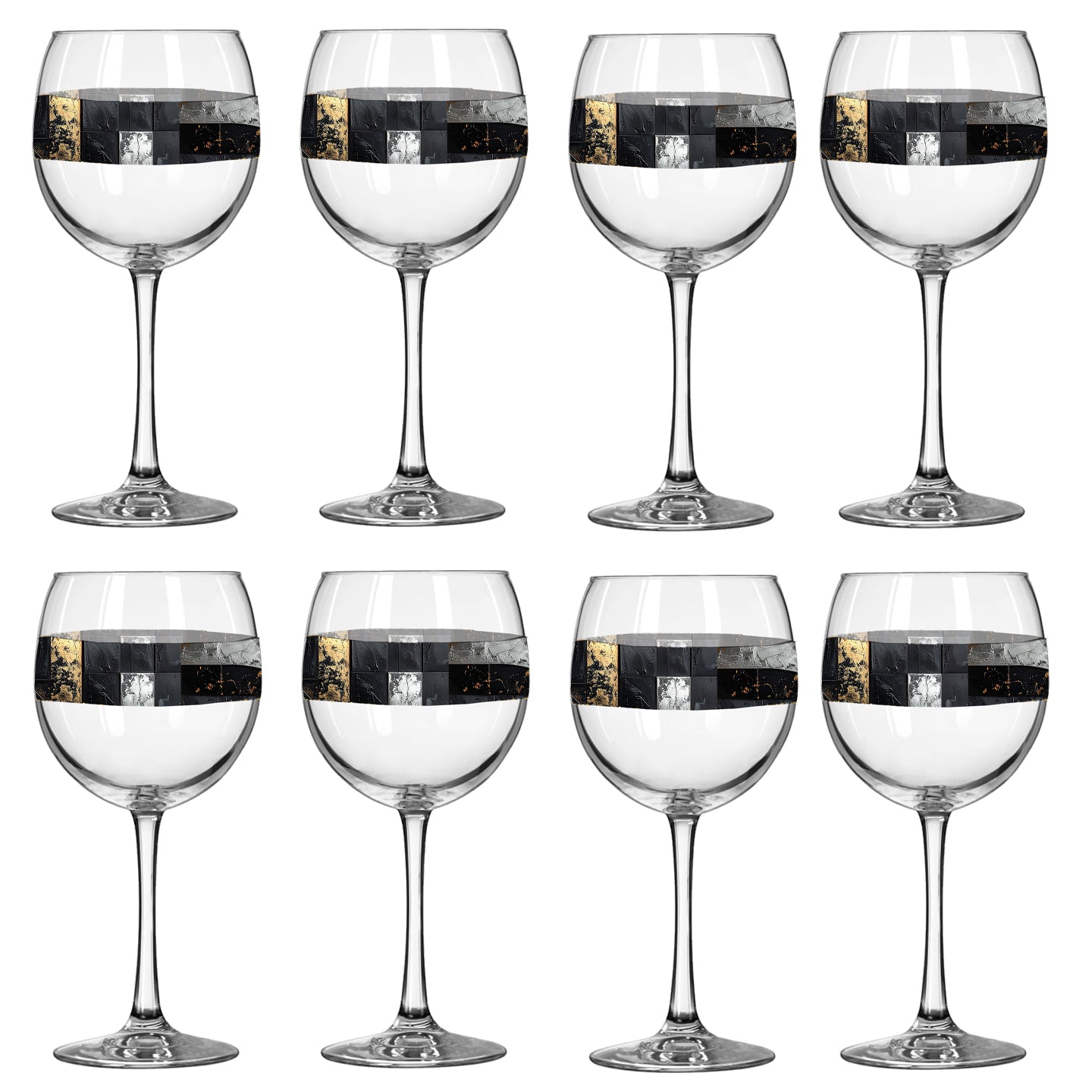 Set of eight Fresco Fragments balloon wine glasses with black, silver, and gold design on a white background