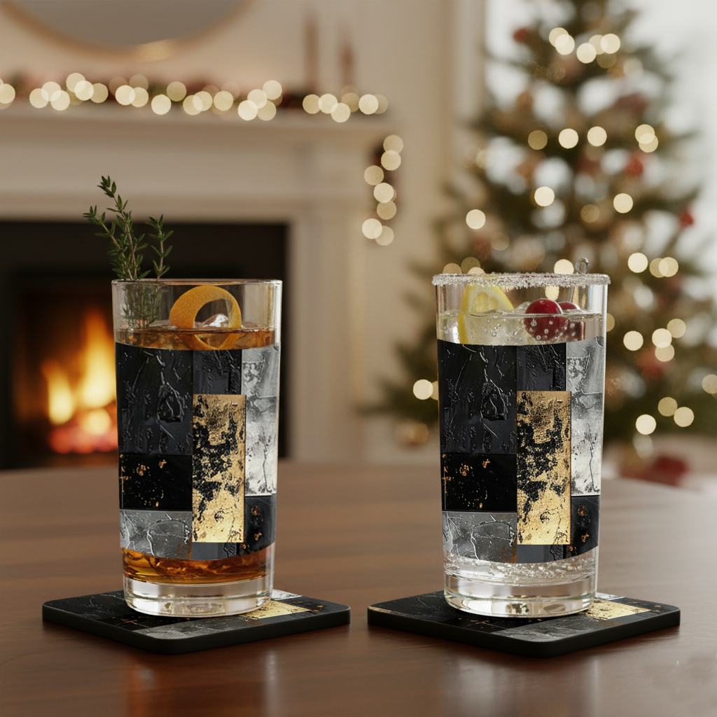 Two Frescro Fragments pattern highball glasses with cocktails on black coasters with a festive background featuring a fireplace and Christmas tree.