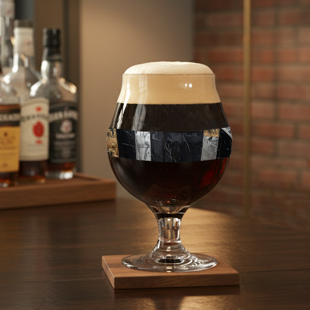 Fresco Fragments Belgian glass of dark beer with foam in a black, silver, and gold design sitting on a coaster on a bar with bottles of liquor in the background 