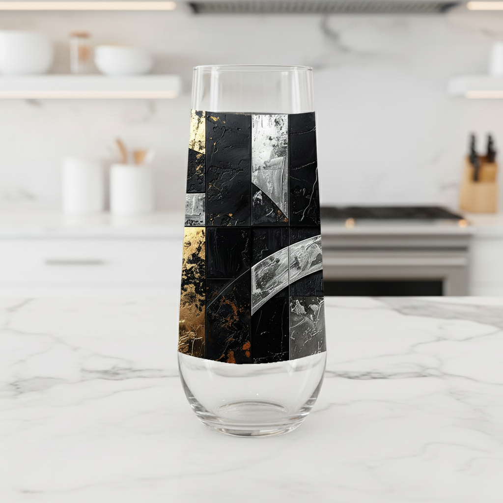 Fresco Fragments stemless champagne glass with black, silver and gold pattern on a marble countertop in a kitchen setting