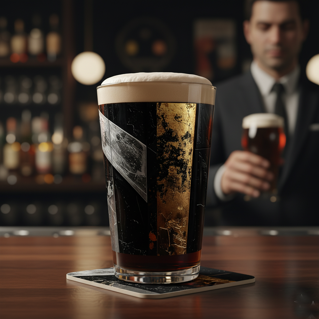 Decorative design Fresco Fragments pint glass of dark beer with a foamy head on a coaster, blurred bar setting with bottles in the background