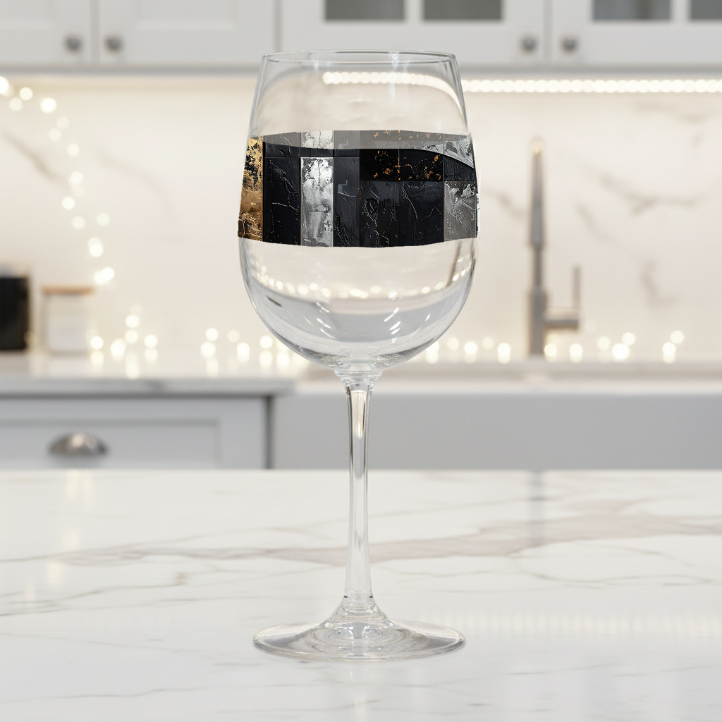 Fresco Fragnments black, gold, silver desgin, tall wine glass on a marble surface in a kitchen setting.