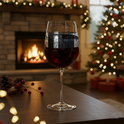Fresco Fragnments black, gold, silver desgin tall wine glass with red wine in front of a fireplace and Christmas tree
