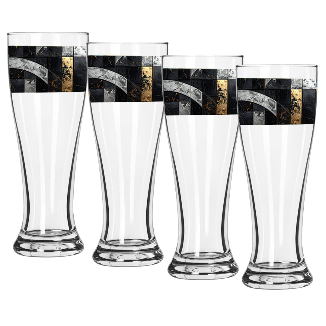 Set of four Fresco Fragments pilsner glasss with a black, silver and gold design on a white background