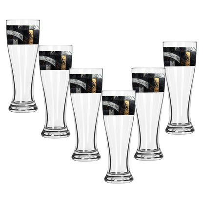 Set of six Fresco Fragments pilsner glass with a black, silver and gold design on a white background