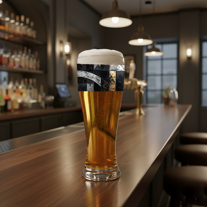 Fresco Fragments pilsner glass of beer with a black, silver and gold design on a bar counter with a blurred bar background
