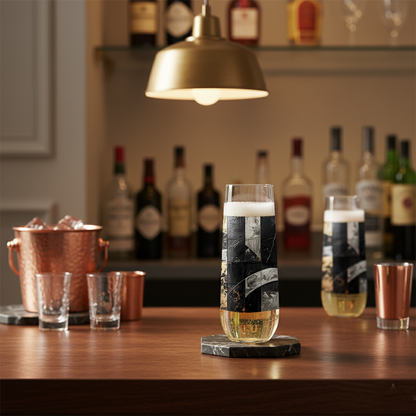 Fresco Fragments stemless champagne glass with black, silver and gold pattern on a home bar with bottles of liquor in the background