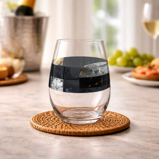 Fresco Fragments stemless wine glass with black, silver and gold pattern on a marble countertop with grapes and champagne buckets in background