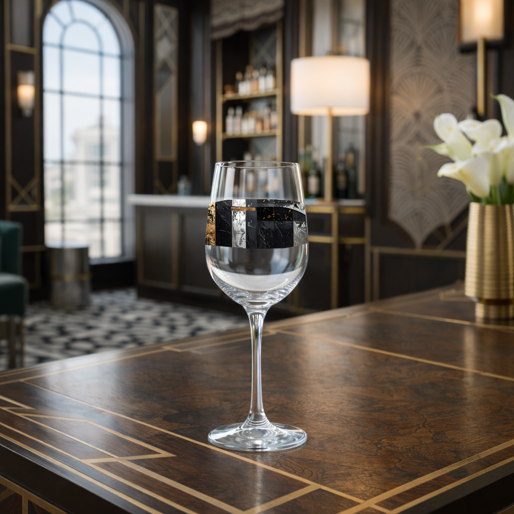Fresco Fragnments black, gold, silver sitting on a counter in a bar lounge setting.