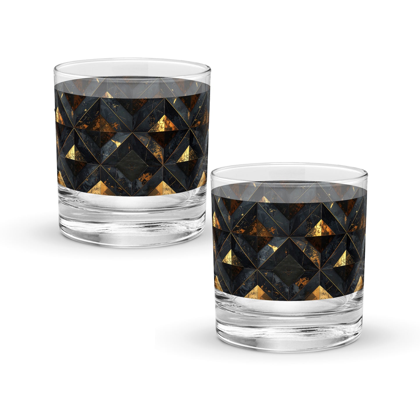 Two rock glasses with geometric black and gold pattern on a white background