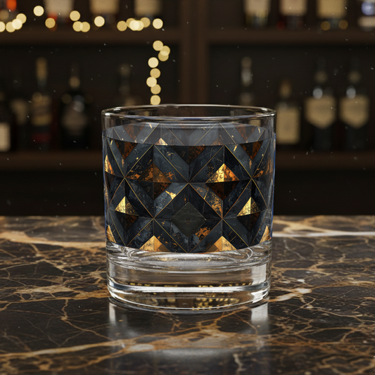 Gilded Decay rocks glass with a charcoal and gold geometric pattern on a marble surface with blurred bar background