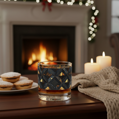 Gilded Decay rocks glass of whiskey with a charcoal and gold geometric pattern on a table in front of a fireplace with candles and pastries.