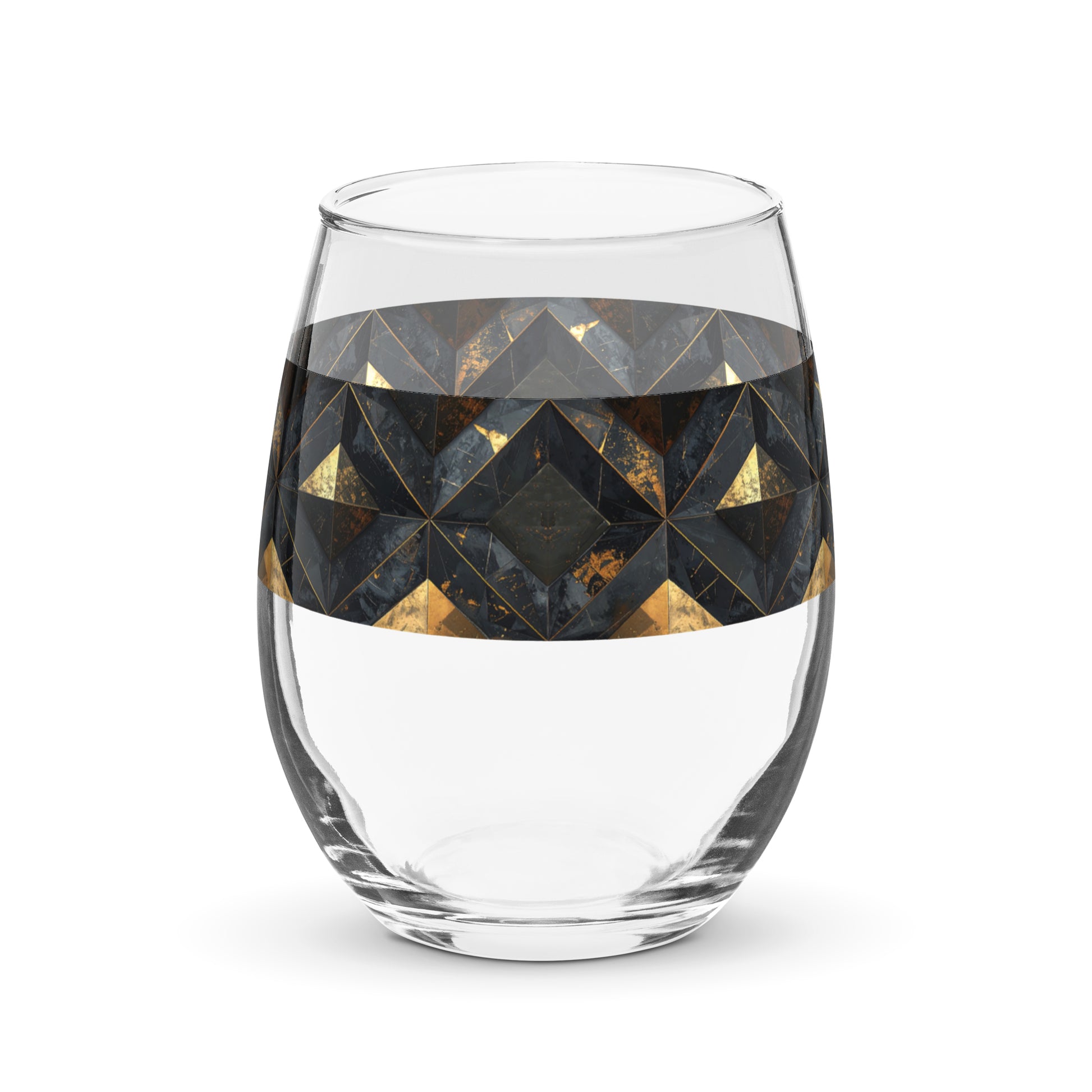 Clear glass stemless wine glass with geometric black and gold design on a white background