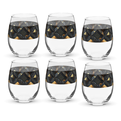 Set of six clear stemless wine glasses with black and gold geometric pattern on a white background