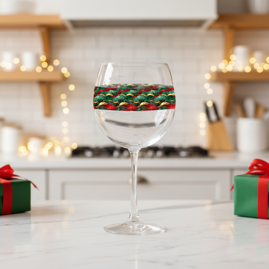 Royal Flux tall wine glass with green, red, and gold wavy design in a kitchen setting with Christmas decorations.