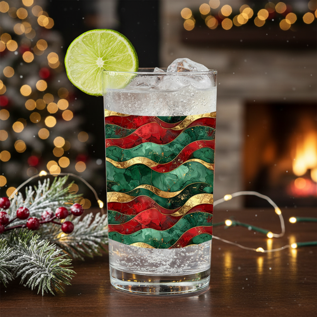 Royal Flux highball glass with wavy red, green, and gold pattern on a festive background with Christmas tree and fireplace.