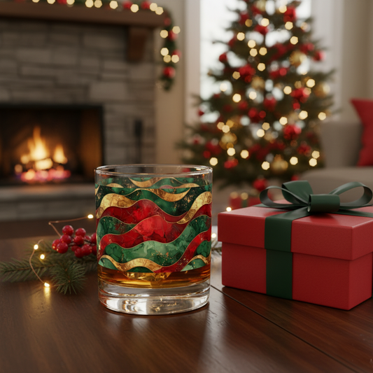 Royal Flux rocks  glass with wavy red, gree, and gold design next to a red gift box in a festive setting with a Christmas tree and fireplace in the background.