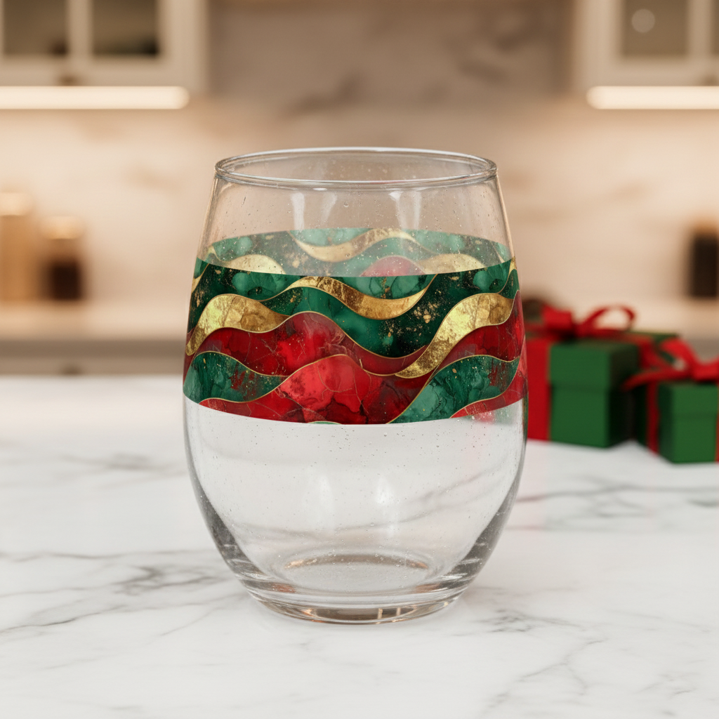 Royal Flux stemless wine glass with red, green, and gold wavy design on a marble surface with blurred gift boxes in the background.