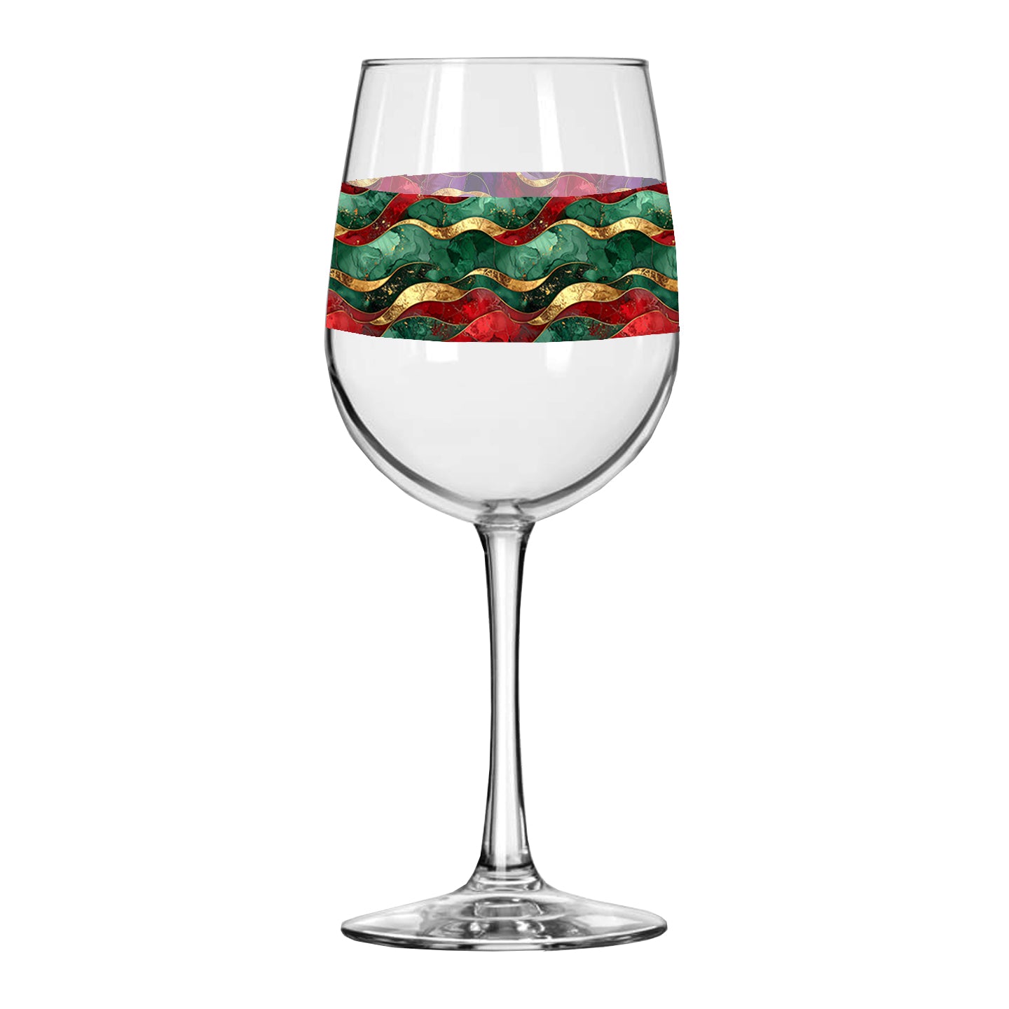 Wine glass with decorative band featuring red, green, and gold wavy design on a white background