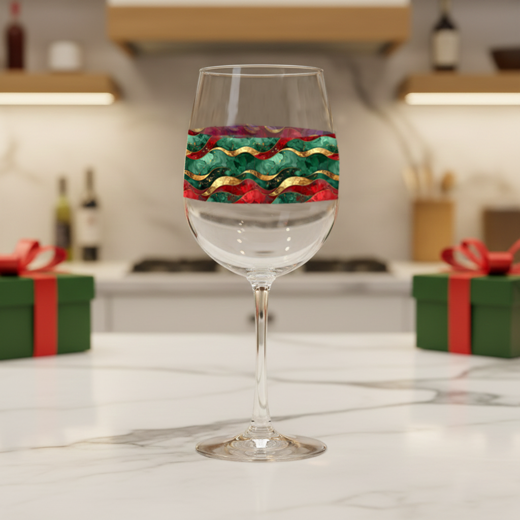Royal Flux tall wine glass with red, green and gold wave design on a kitchen counter with gift boxes.