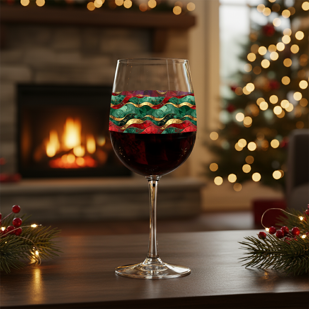 Royal Flux tall wine glass with red, green and gold wave design on a table in a cozy room with a fireplace and Christmas tree.