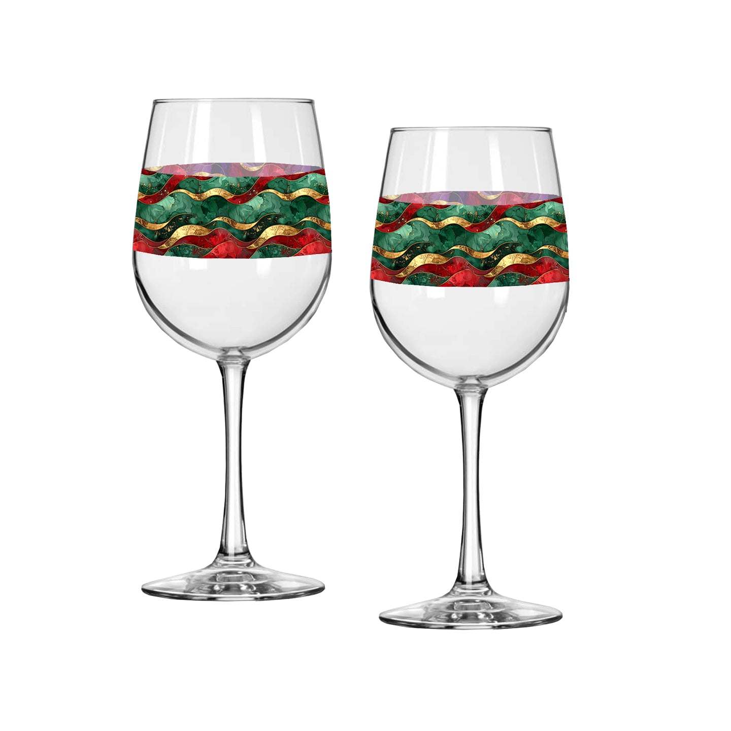 Two wine glasses with decorative bands of red, green, and gold on a white background