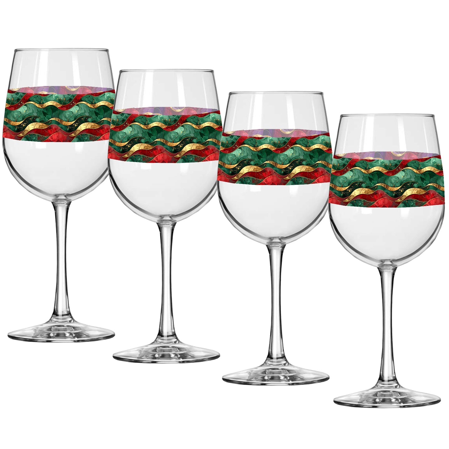 Four wine glasses with decorative green and red wavy design on a white background